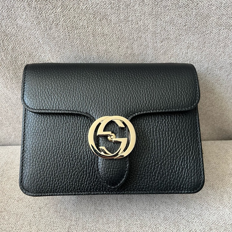 Gucci風琴包 黑色 小號 牛皮 金扣 金色鏈條肩帶-0
