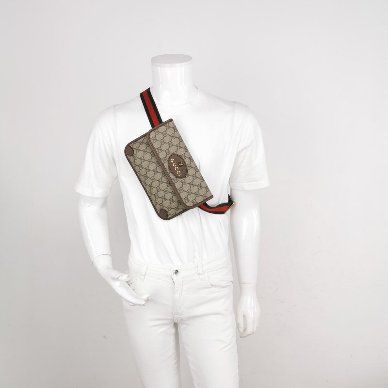 Gucci Neo Vintage牛皮GG老花虎頭Logo皮標腰 包胸包-1