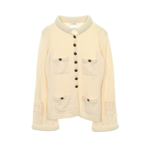 香奈兒 COCO 標誌紐扣開襟羊毛衫 #34 羊絨米色 二手 女士