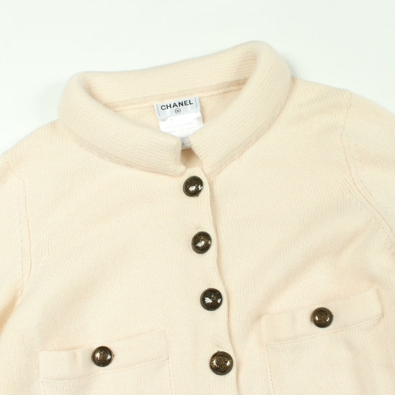 香奈兒 COCO 標誌紐扣開襟羊毛衫 #34 羊絨米色 二手 女士-5