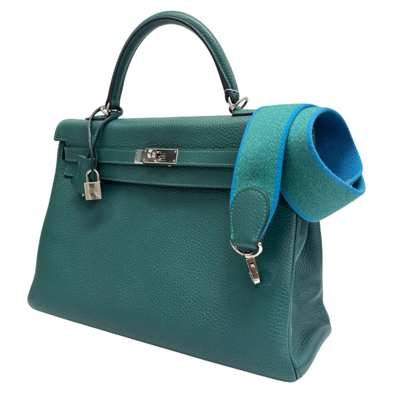 孔雀綠色 Clemence牛革 Kelly 35 凱莉包 兩用包 □Q刻 銀釦【HERMES 愛馬仕】-1