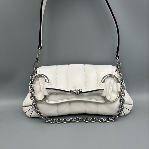 Gucci古馳Horsebit 1955馬銜扣鏈條包 白色羊皮單肩包 鏈條肩帶