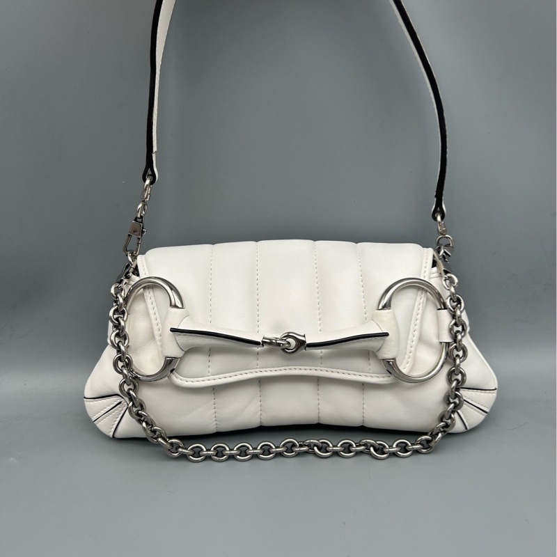 Gucci古馳Horsebit 1955馬銜扣鏈條包 白色羊皮單肩包 鏈條肩帶-0