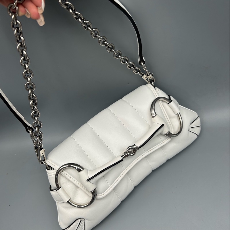 Gucci古馳Horsebit 1955馬銜扣鏈條包 白色羊皮單肩包 鏈條肩帶-2