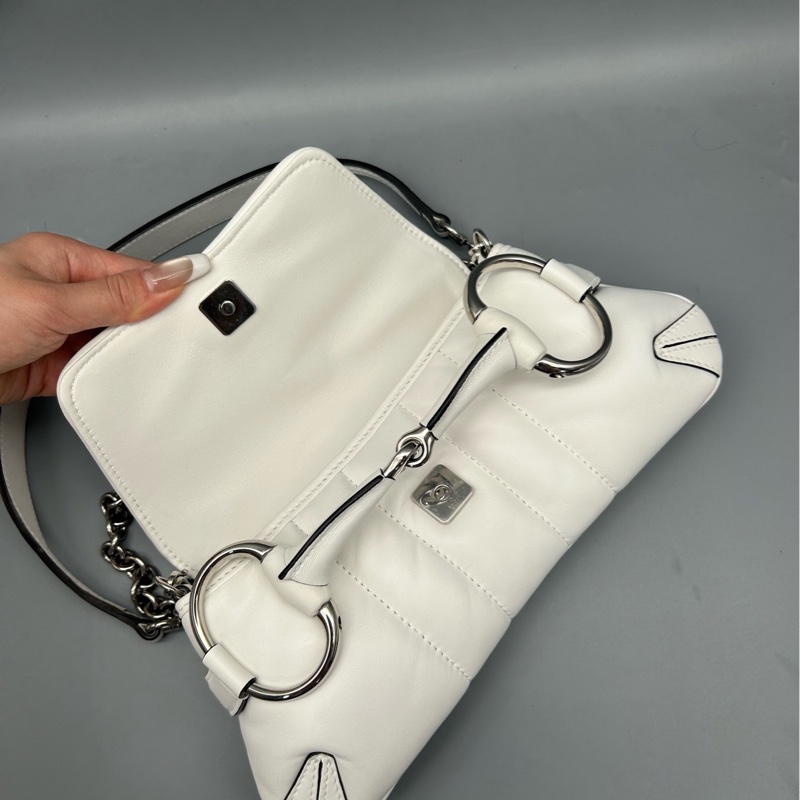 Gucci古馳Horsebit 1955馬銜扣鏈條包 白色羊皮單肩包 鏈條肩帶-3