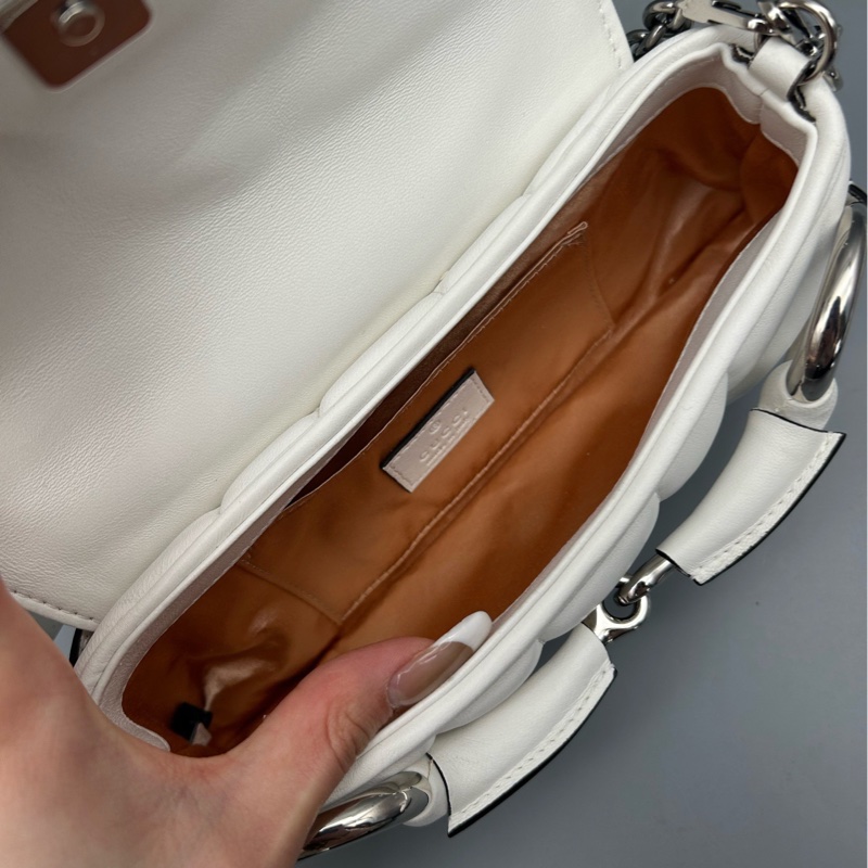 Gucci古馳Horsebit 1955馬銜扣鏈條包 白色羊皮單肩包 鏈條肩帶-4