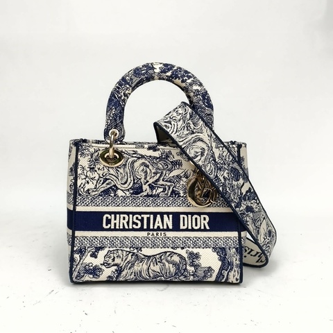 DIOR LadyD-Lite戴妃包中號墨藍色帆布金扣2021