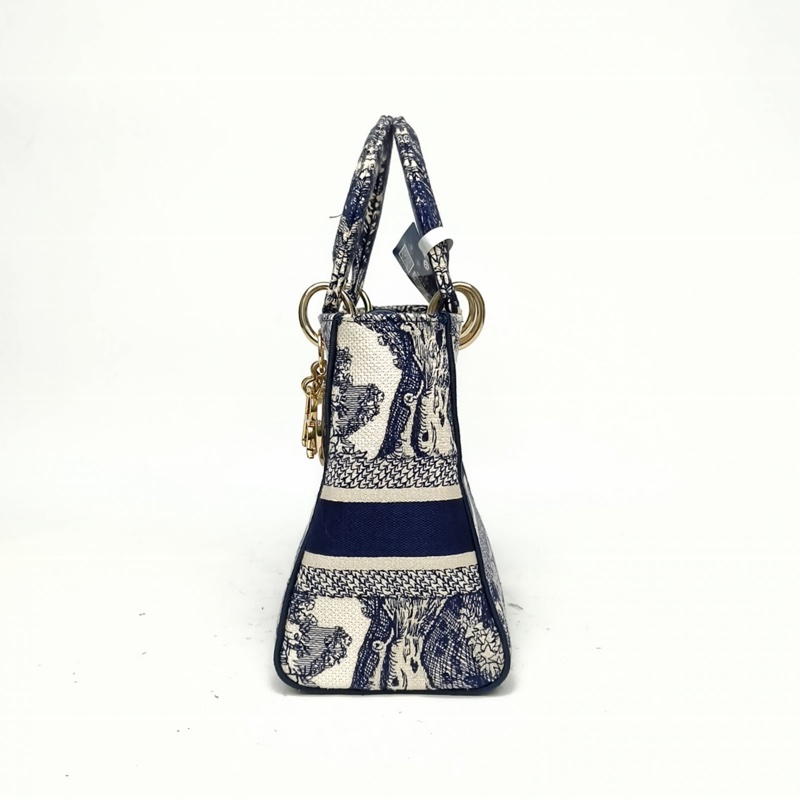 DIOR LadyD-Lite戴妃包中號墨藍色帆布金扣2021-1
