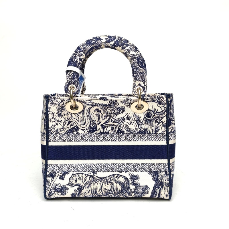 DIOR LadyD-Lite戴妃包中號墨藍色帆布金扣2021-2