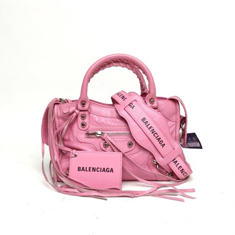 BALENCIAGA CityMini24機車包粉色羊皮銀扣