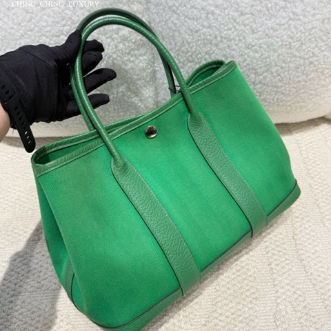 🌈Hermes💚Garden party 30💚竹子綠色帆布拼皮銀扣🌈99新🌟gardenparty30🌟gardenparty🌟花園包🌟愛馬仕🌟