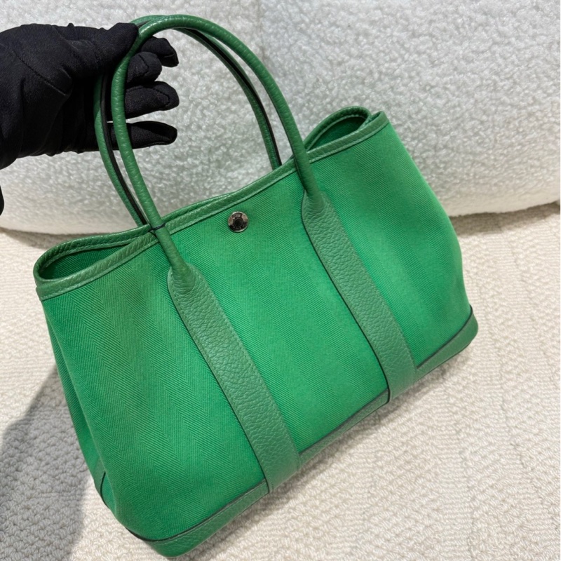 🌈Hermes💚Garden party 30💚竹子綠色帆布拼皮銀扣🌈99新🌟gardenparty30🌟gardenparty🌟花園包🌟愛馬仕🌟-1
