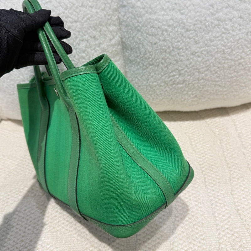 🌈Hermes💚Garden party 30💚竹子綠色帆布拼皮銀扣🌈99新🌟gardenparty30🌟gardenparty🌟花園包🌟愛馬仕🌟-3