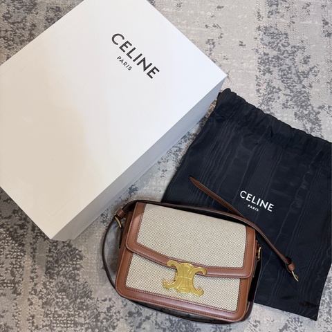 台灣專櫃💯Celine帆布拼咖牛皮Teen Triomphe 凱旋門肩背/斜背包