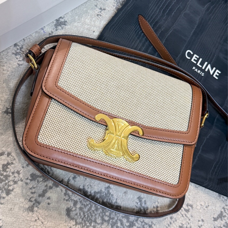 台灣專櫃💯Celine帆布拼咖牛皮Teen Triomphe 凱旋門肩背/斜背包-2