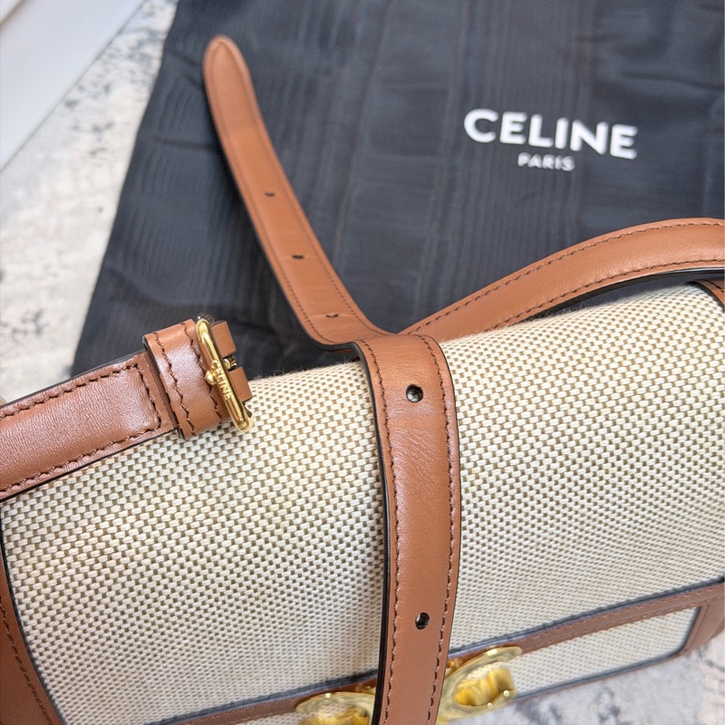 台灣專櫃💯Celine帆布拼咖牛皮Teen Triomphe 凱旋門肩背/斜背包-7