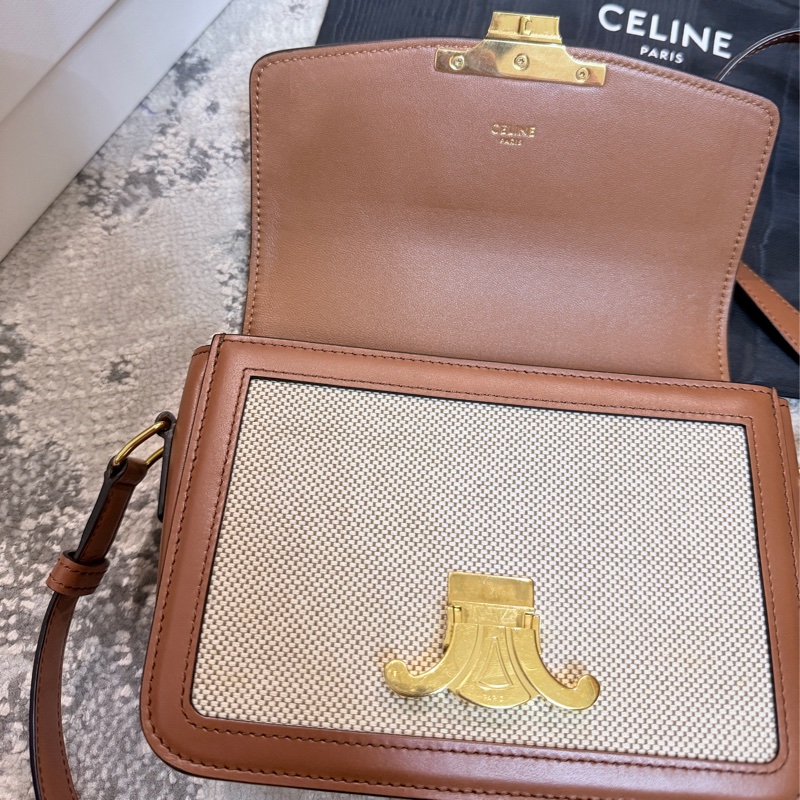 台灣專櫃💯Celine帆布拼咖牛皮Teen Triomphe 凱旋門肩背/斜背包-12