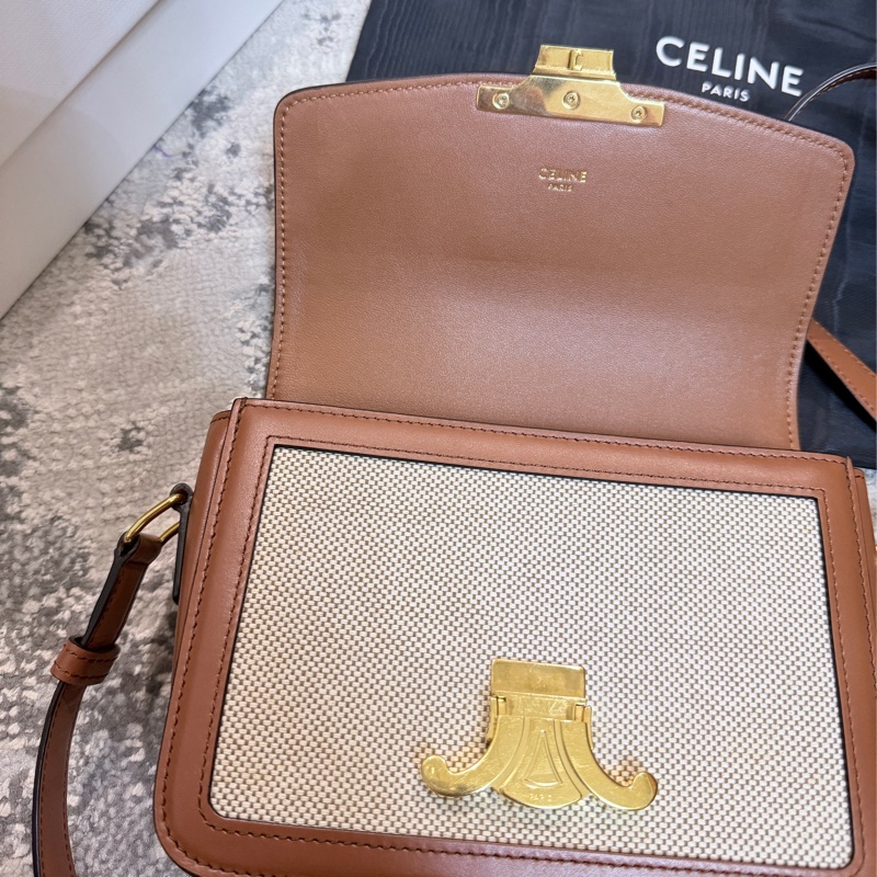 台灣專櫃💯Celine帆布拼咖牛皮Teen Triomphe 凱旋門肩背/斜背包-16