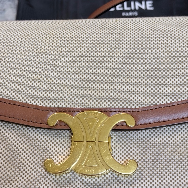 台灣專櫃💯Celine帆布拼咖牛皮Teen Triomphe 凱旋門肩背/斜背包-18