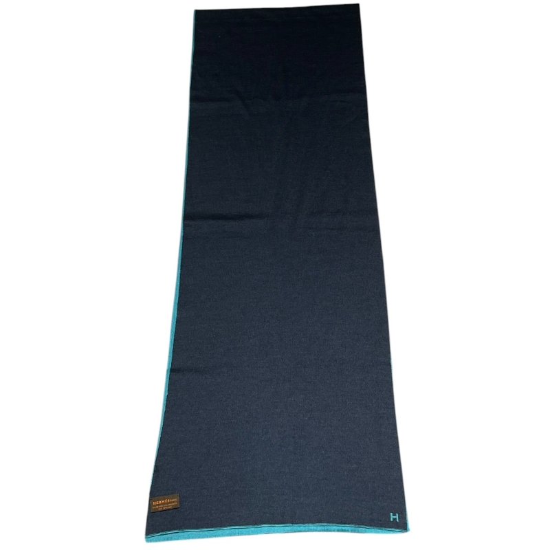 HERMES 愛馬仕 雙面圍巾 CASHMERE 100% 藍色系-4