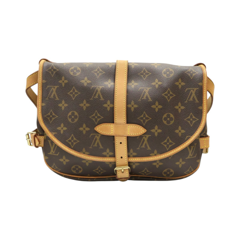 棕色 原花帆布 Saumur 30 肩背包【LOUIS VUITTON LV 路易威登】 M42256-1