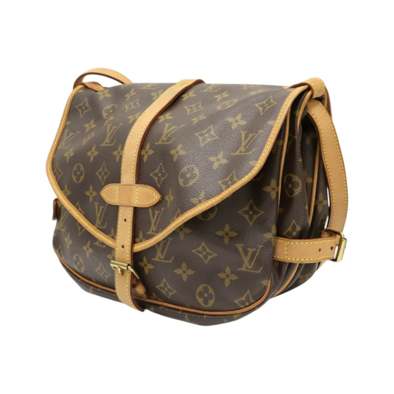 棕色 原花帆布 Saumur 30 肩背包【LOUIS VUITTON LV 路易威登】 M42256-2