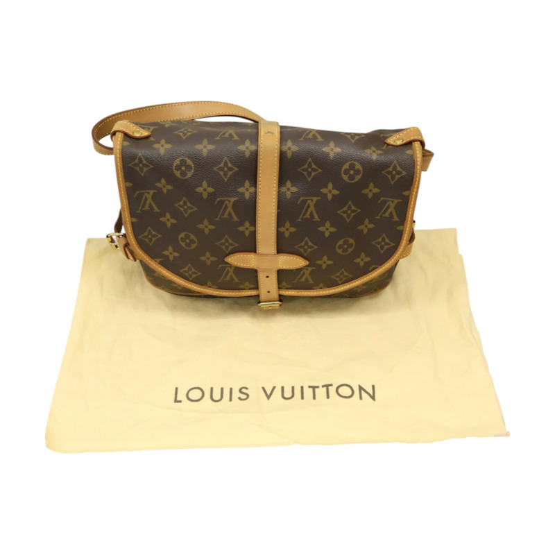 棕色 原花帆布 Saumur 30 肩背包【LOUIS VUITTON LV 路易威登】 M42256-9