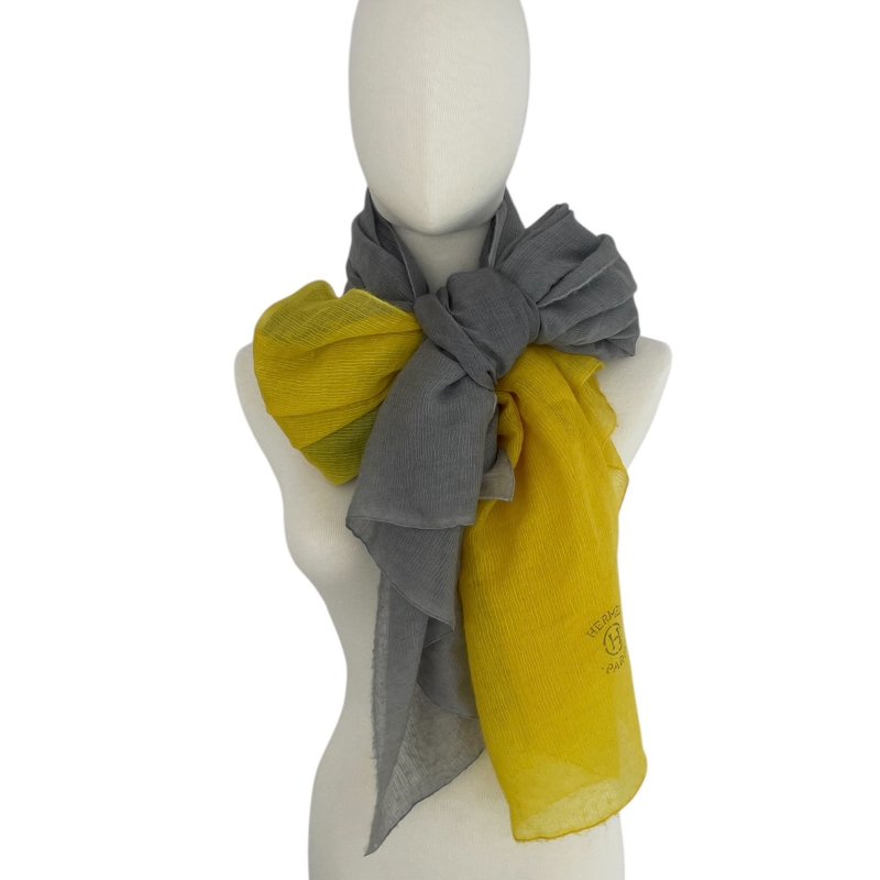 HERMES 愛馬仕 輕薄圍巾 喀什米爾羊毛混紡混紡 灰色/黃色-0