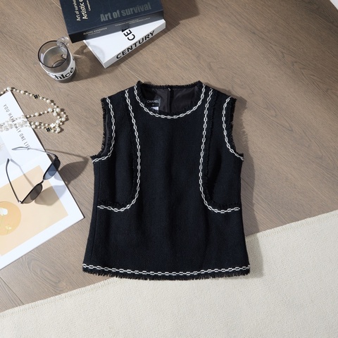 ❤️ CHANEL 黑白毛邊粗花呢背心