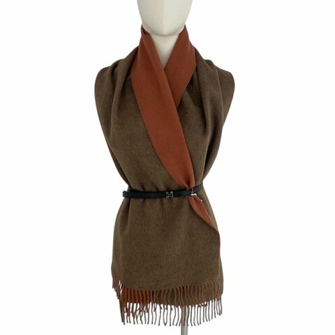 HERMES 愛馬仕 雙面圍巾 CASHMERE 100% 灰棕色/磚紅色