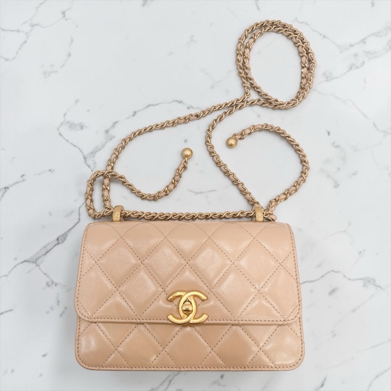 莉亞精品♡CHANEL雙金珠19cm奶茶 二手美包-0