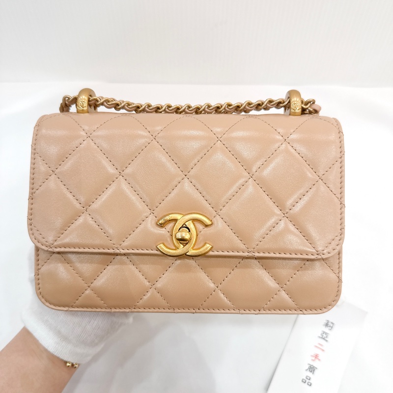 莉亞精品♡CHANEL雙金珠19cm奶茶 二手美包-2