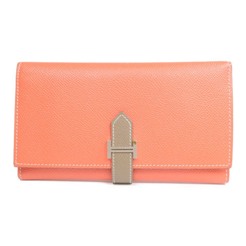 HERMES Epsom皮革Bearn Tri-Fold銀扣長錢包Rouge Casaque/Etoupe