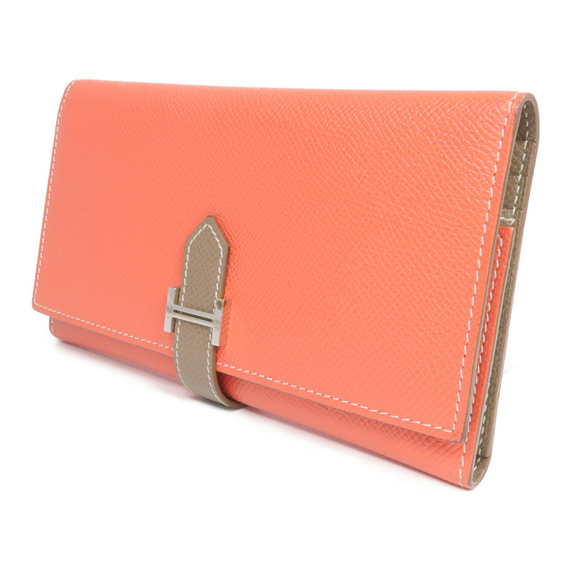 HERMES Epsom皮革Bearn Tri-Fold銀扣長錢包Rouge Casaque/Etoupe-2
