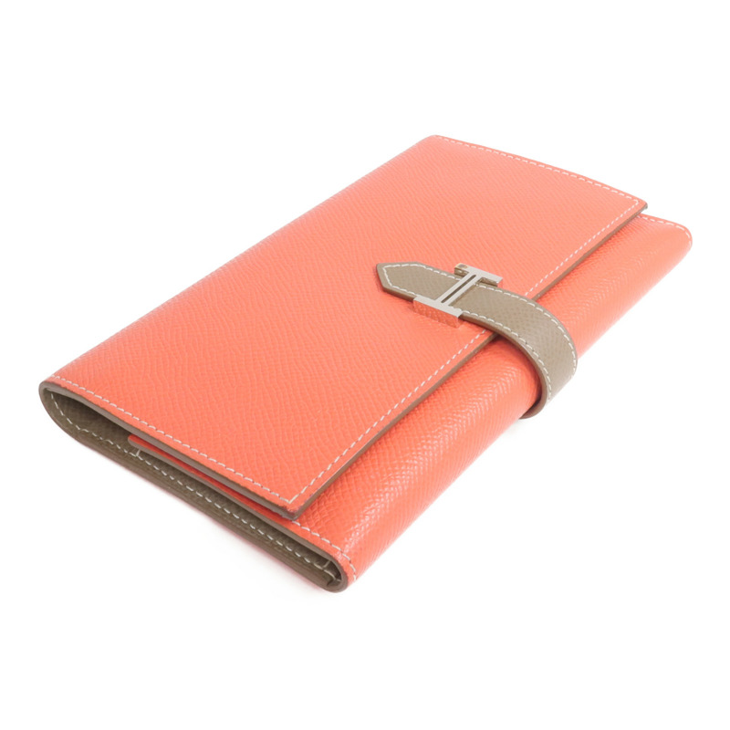 HERMES Epsom皮革Bearn Tri-Fold銀扣長錢包Rouge Casaque/Etoupe-3