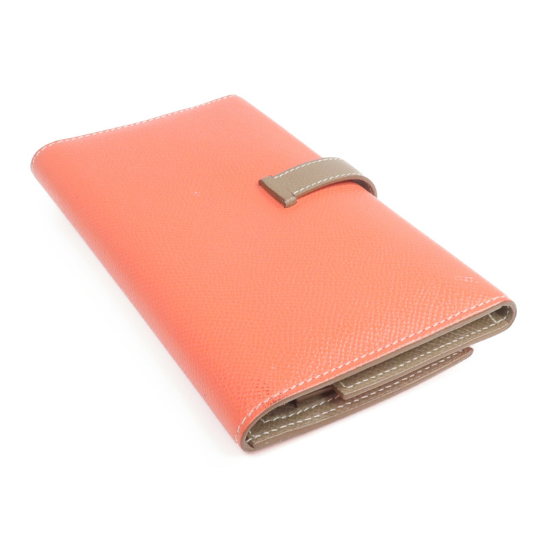 HERMES Epsom皮革Bearn Tri-Fold銀扣長錢包Rouge Casaque/Etoupe-4