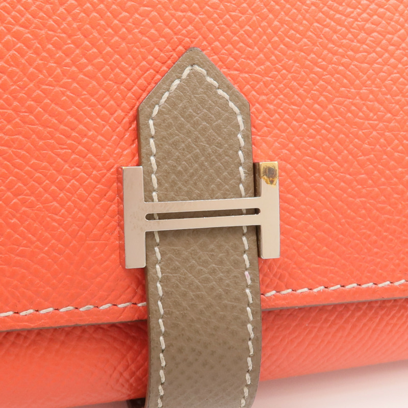 HERMES Epsom皮革Bearn Tri-Fold銀扣長錢包Rouge Casaque/Etoupe-10