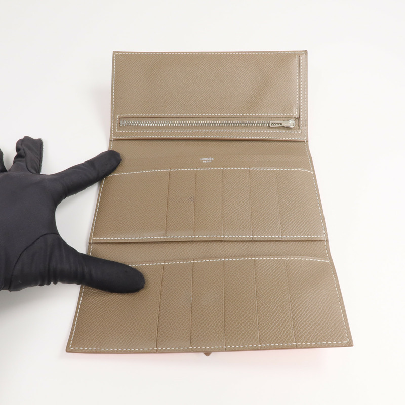 HERMES Epsom皮革Bearn Tri-Fold銀扣長錢包Rouge Casaque/Etoupe-11