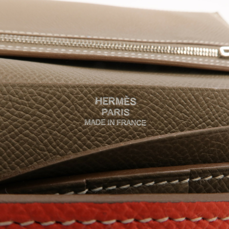 HERMES Epsom皮革Bearn Tri-Fold銀扣長錢包Rouge Casaque/Etoupe-13