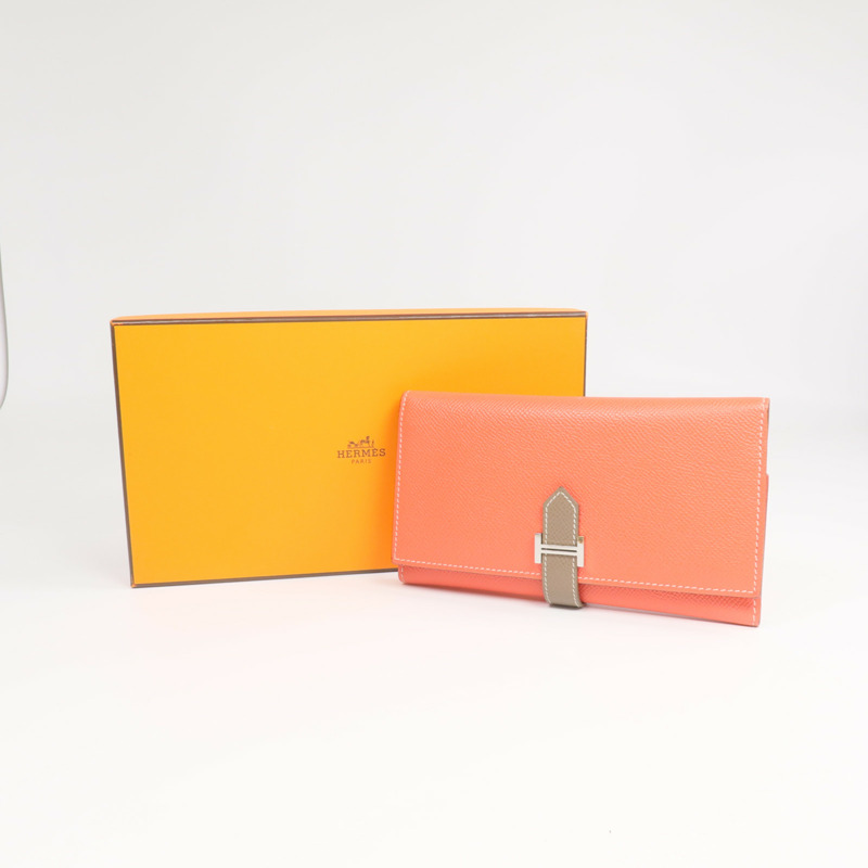 HERMES Epsom皮革Bearn Tri-Fold銀扣長錢包Rouge Casaque/Etoupe-19