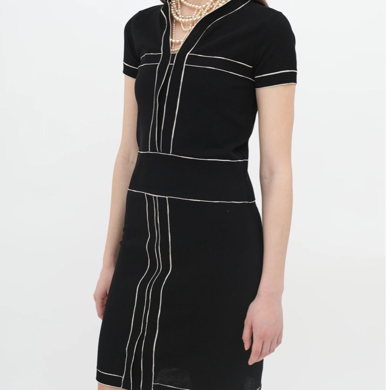 ❤️ Chanel 杏色黑線條針織長洋裝-7