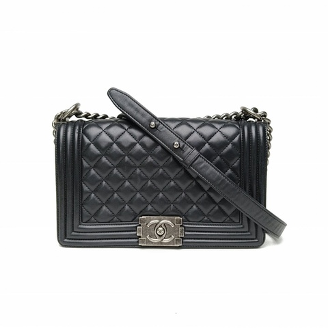 CHANEL Leboy中號黑色羊皮23開銀扣菱格紋