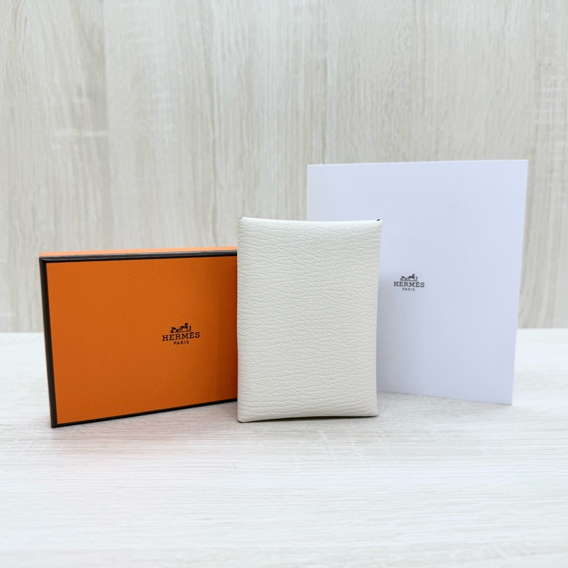 HERMES Nata 奶油白山羊皮Calvin Duo零錢卡包H082977-1