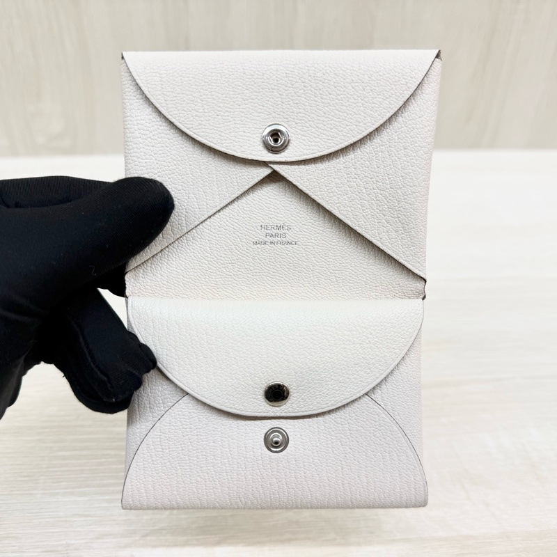 HERMES Nata 奶油白山羊皮Calvin Duo零錢卡包H082977-5
