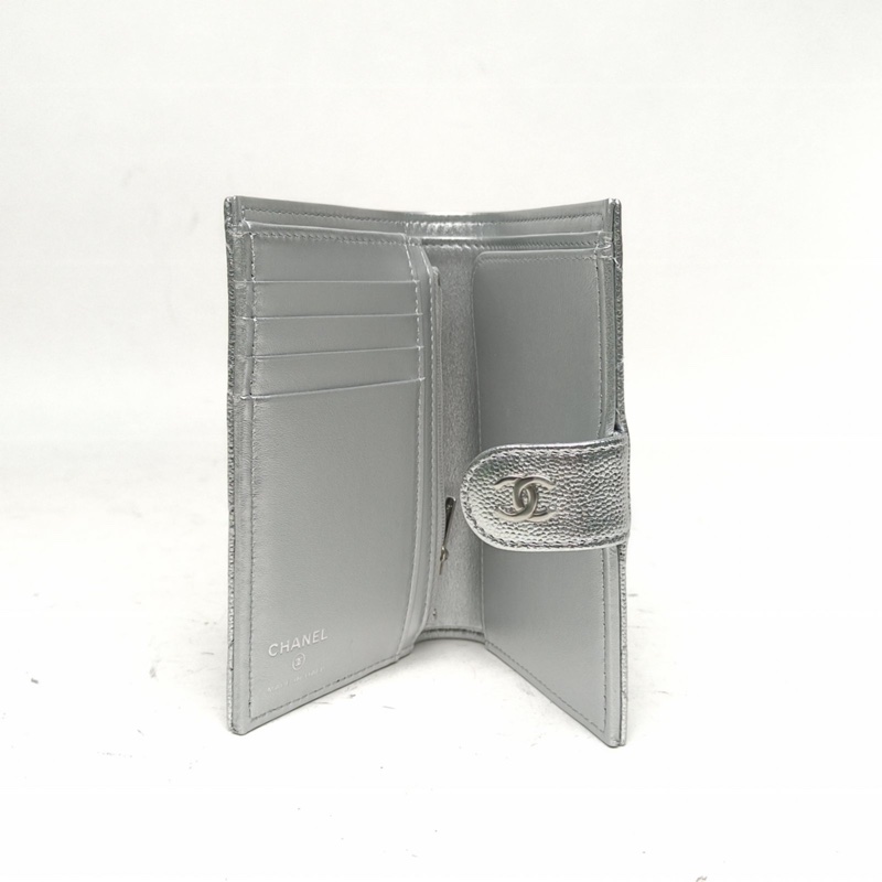 CHANEL 銀色荔枝牛皮鐳射標銀扣CF翻扣菱格紋錢包-5