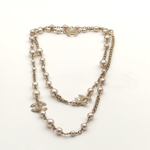 CHANEL 合金19V珍珠雙C長款項鏈毛衣鏈