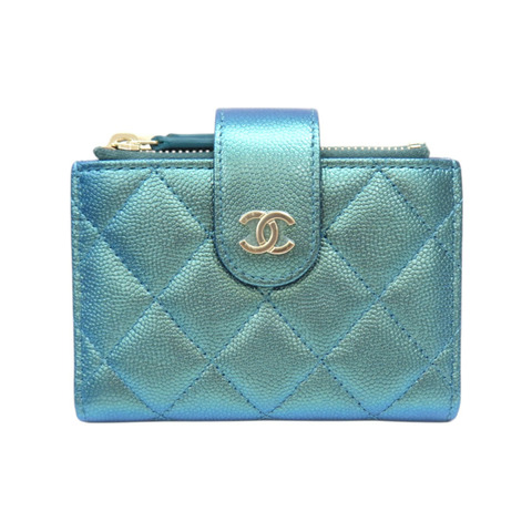 金屬藍 菱格紋 牛皮 Compact Zip 短夾【CHANEL 香奈兒】