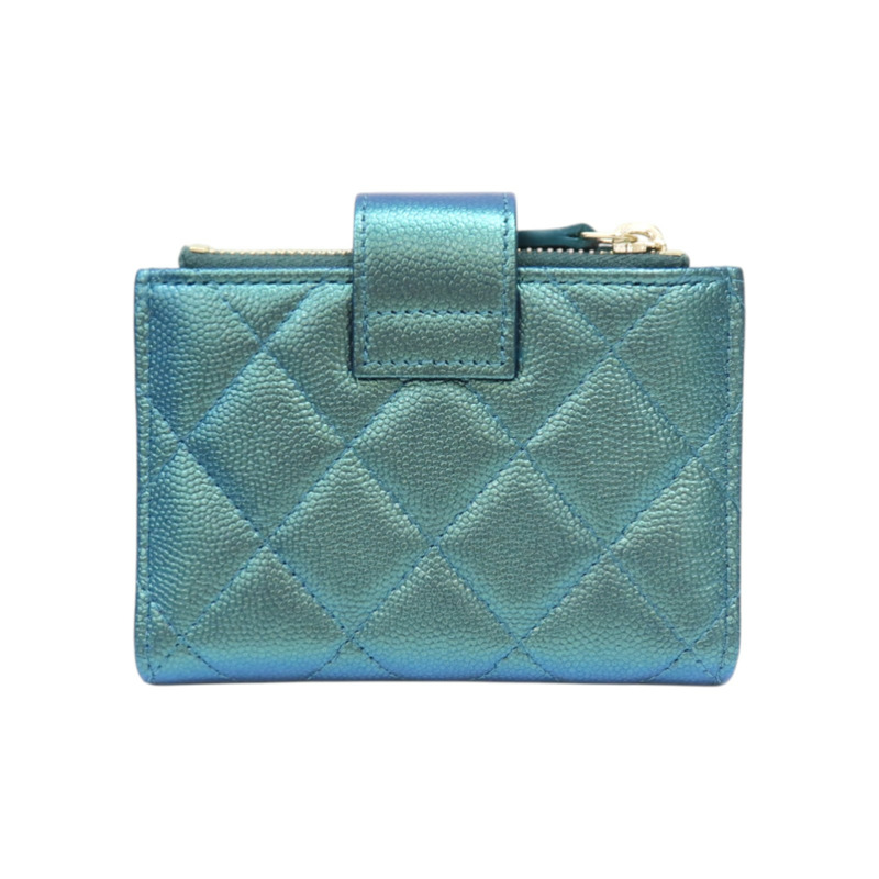 金屬藍 菱格紋 牛皮 Compact Zip 短夾【CHANEL 香奈兒】-1