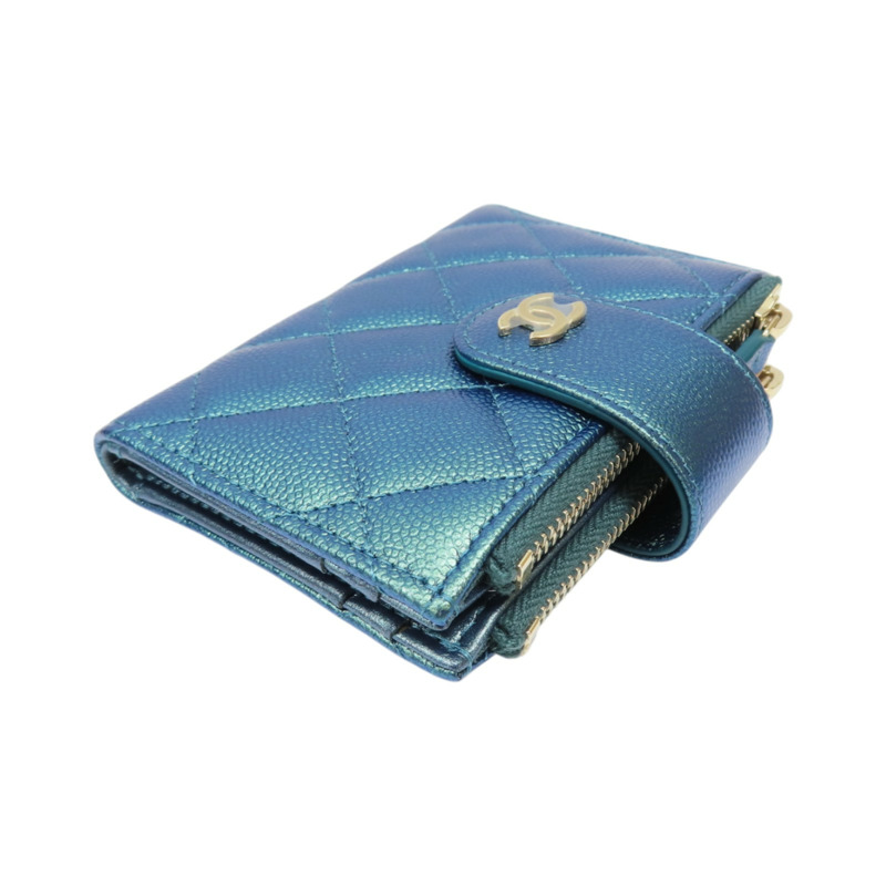 金屬藍 菱格紋 牛皮 Compact Zip 短夾【CHANEL 香奈兒】-2