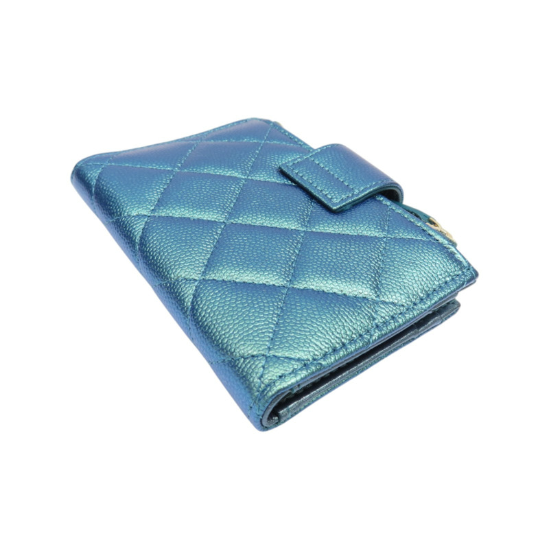 金屬藍 菱格紋 牛皮 Compact Zip 短夾【CHANEL 香奈兒】-3